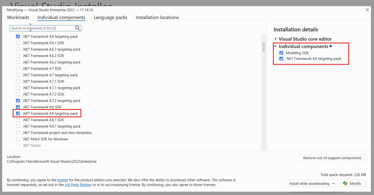 .NET Framework 4.8 targeting pack in VS2022 installer